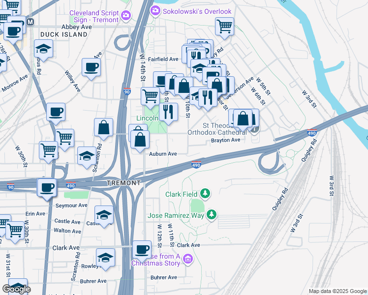 map of restaurants, bars, coffee shops, grocery stores, and more near 2603 West 11th Street in Cleveland