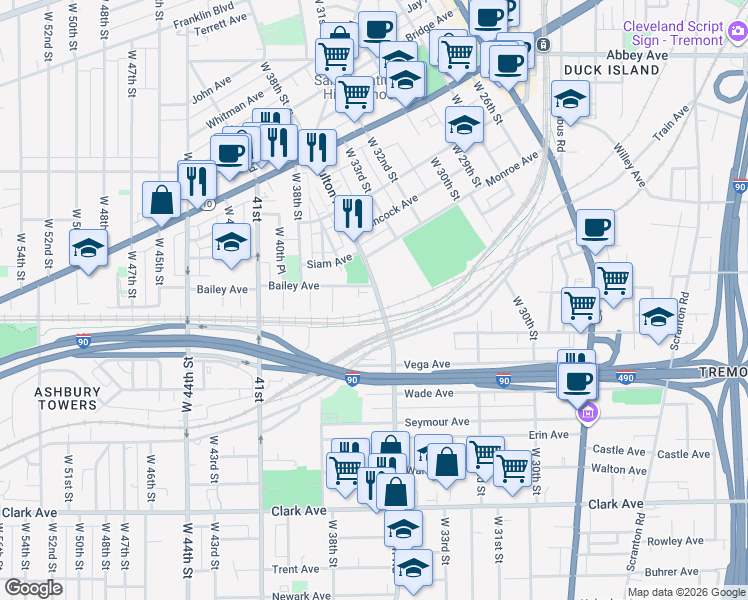 map of restaurants, bars, coffee shops, grocery stores, and more near in Cleveland