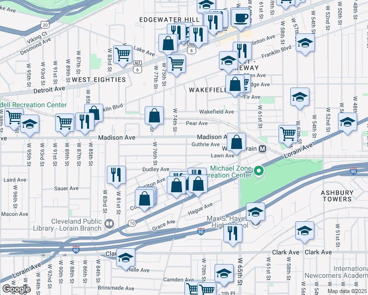 map of restaurants, bars, coffee shops, grocery stores, and more near 2020 West 73rd Street in Cleveland