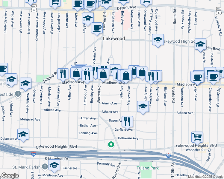 map of restaurants, bars, coffee shops, grocery stores, and more near 14555 Madison Avenue in Lakewood