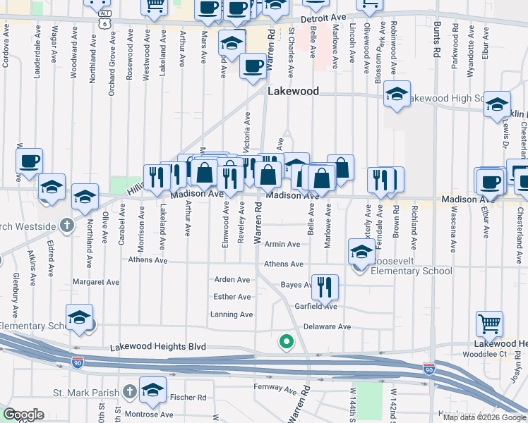 map of restaurants, bars, coffee shops, grocery stores, and more near 14609 Madison Avenue in Lakewood
