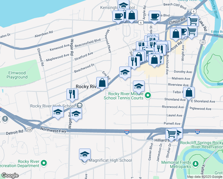 map of restaurants, bars, coffee shops, grocery stores, and more near 20333 Detroit Road in Rocky River