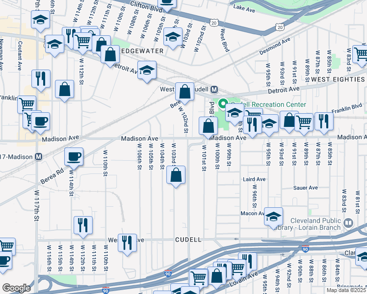 map of restaurants, bars, coffee shops, grocery stores, and more near 2018 West Boulevard in Cleveland