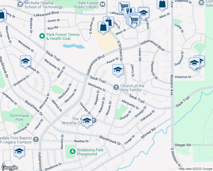 map of restaurants, bars, coffee shops, grocery stores, and more near 119 Sauk Trail in Park Forest