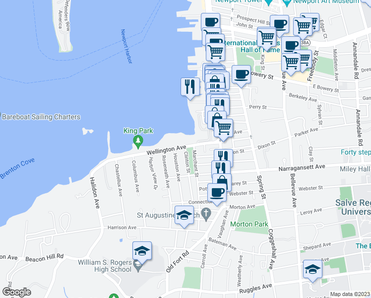 map of restaurants, bars, coffee shops, grocery stores, and more near 6 Clinton Street in Newport