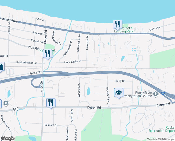 map of restaurants, bars, coffee shops, grocery stores, and more near 628 Humiston Drive in Bay Village