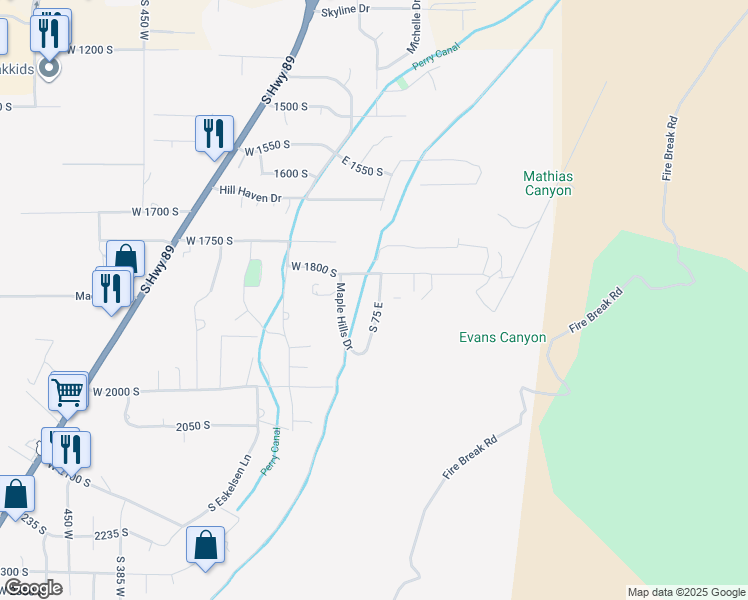 map of restaurants, bars, coffee shops, grocery stores, and more near 1850 Maple Hills Drive in Perry