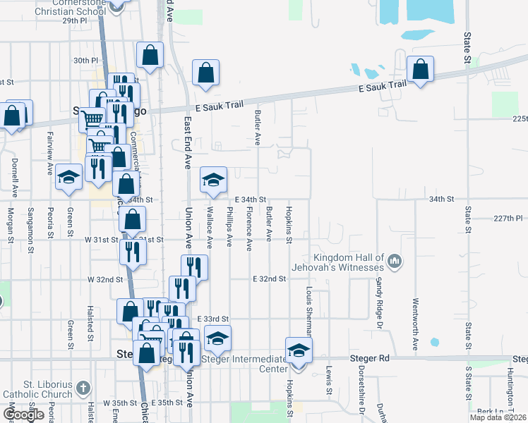 map of restaurants, bars, coffee shops, grocery stores, and more near 3012 Butler Ave in Steger