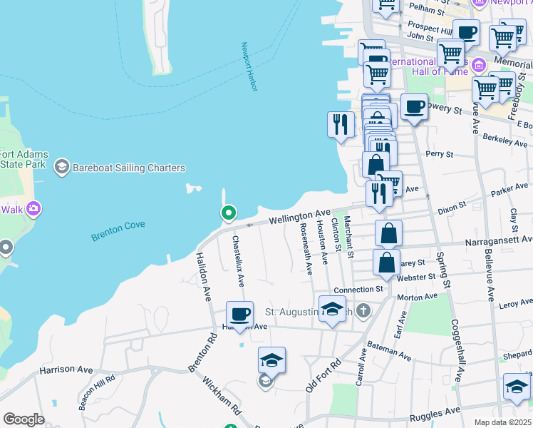 map of restaurants, bars, coffee shops, grocery stores, and more near 125 Wellington Avenue in Newport