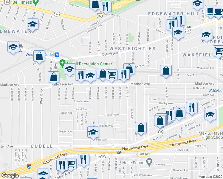 map of restaurants, bars, coffee shops, grocery stores, and more near 2016 West 89th Street in Cleveland