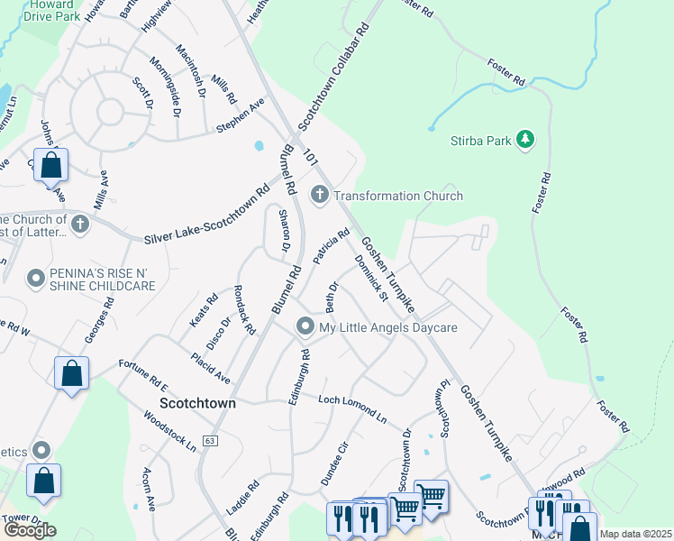 map of restaurants, bars, coffee shops, grocery stores, and more near 29 Beth Drive in Scotchtown