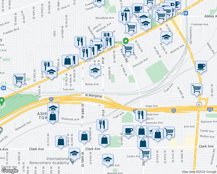 map of restaurants, bars, coffee shops, grocery stores, and more near 2316 West 40th Street in Cleveland