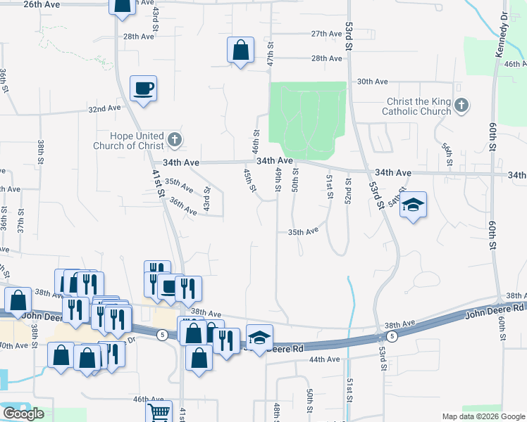 map of restaurants, bars, coffee shops, grocery stores, and more near 3440 45th Street Court in Moline