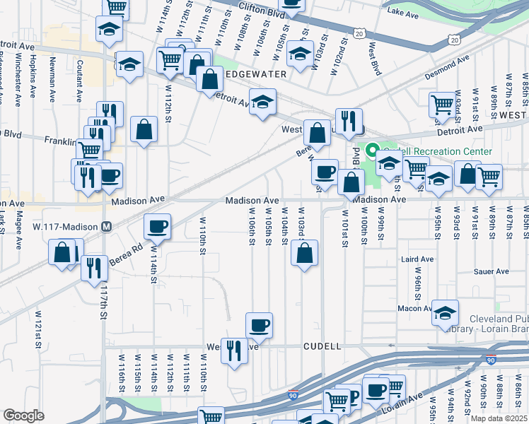map of restaurants, bars, coffee shops, grocery stores, and more near 2016 W 105th St in Cleveland