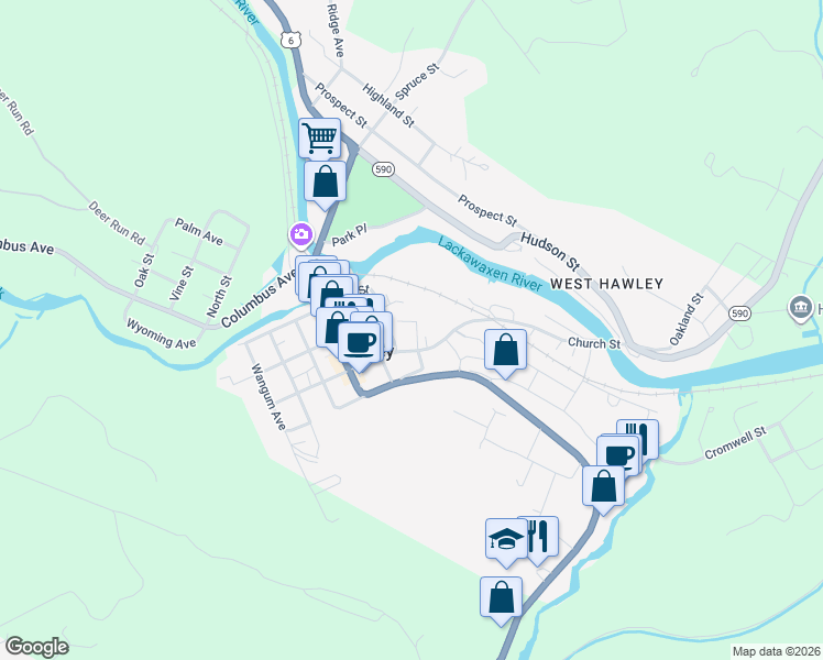 map of restaurants, bars, coffee shops, grocery stores, and more near 301-317 Bishop Avenue in Hawley