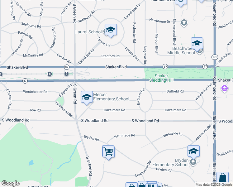 map of restaurants, bars, coffee shops, grocery stores, and more near 23770 Duffield Road in Shaker Heights