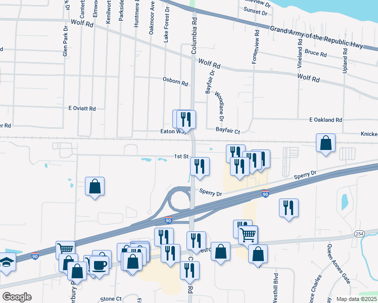 map of restaurants, bars, coffee shops, grocery stores, and more near 692 Columbia Road in Westlake