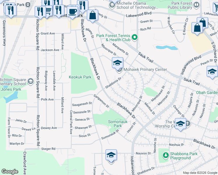 map of restaurants, bars, coffee shops, grocery stores, and more near 345 Shabbona Drive in Park Forest