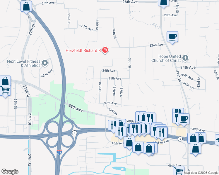 map of restaurants, bars, coffee shops, grocery stores, and more near 3522 35th St in Moline