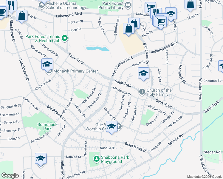 map of restaurants, bars, coffee shops, grocery stores, and more near 311 Indianwood Blvd in Park Forest