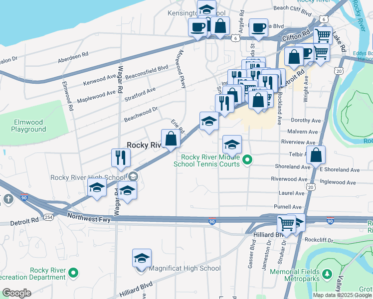 map of restaurants, bars, coffee shops, grocery stores, and more near 20333 Detroit Road in Rocky River