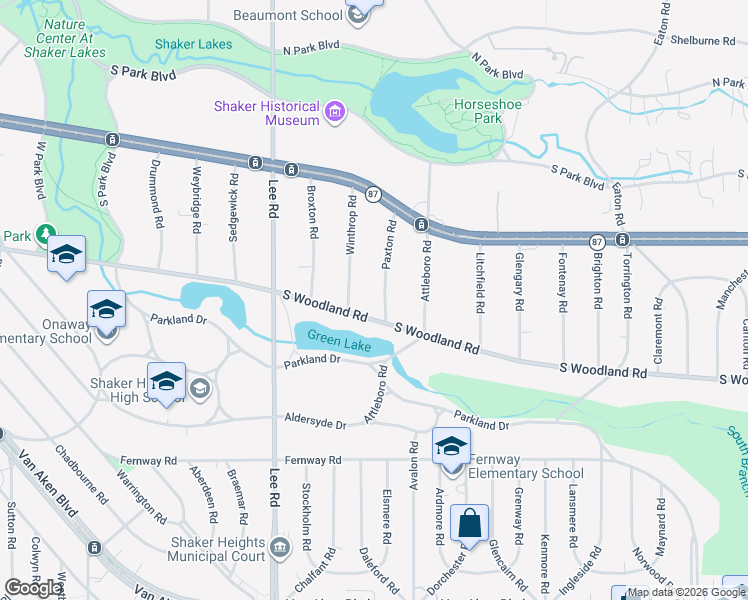 map of restaurants, bars, coffee shops, grocery stores, and more near 2950 Paxton Road in Shaker Heights