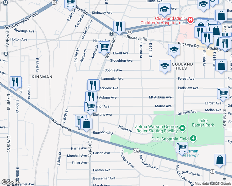 map of restaurants, bars, coffee shops, grocery stores, and more near 9615 Mount Auburn Avenue in Cleveland