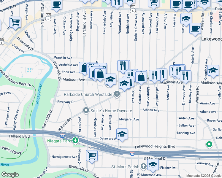 map of restaurants, bars, coffee shops, grocery stores, and more near 16601 Madison Avenue in Lakewood