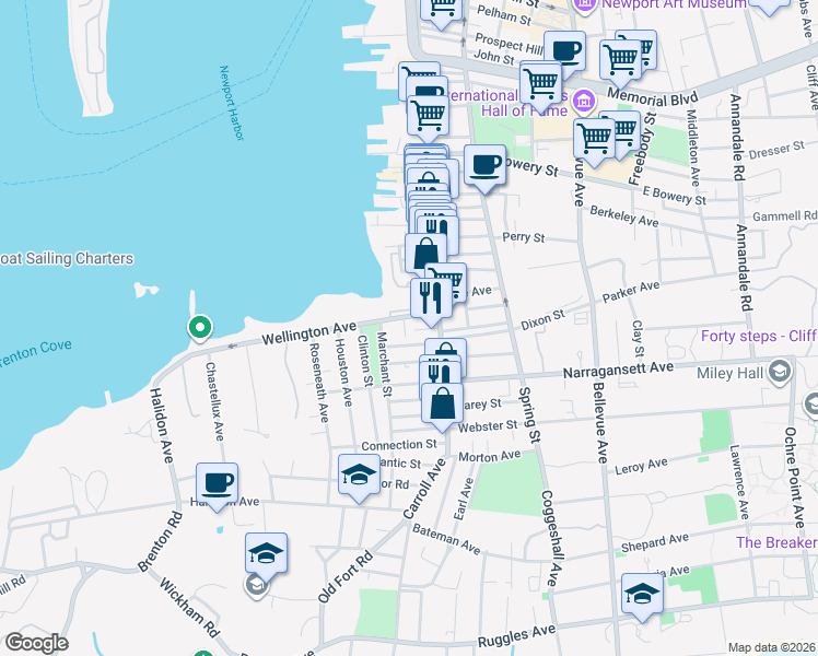 map of restaurants, bars, coffee shops, grocery stores, and more near 6 Boss Court in Newport