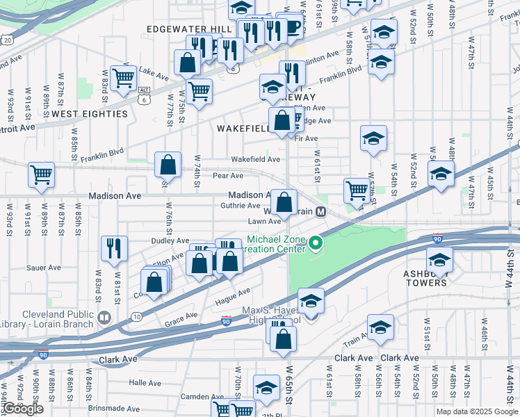 map of restaurants, bars, coffee shops, grocery stores, and more near 6711 Guthrie Avenue in Cleveland