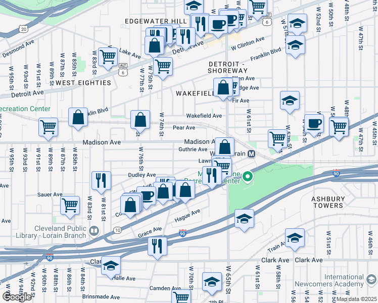 map of restaurants, bars, coffee shops, grocery stores, and more near 7007 Guthrie Avenue in Cleveland