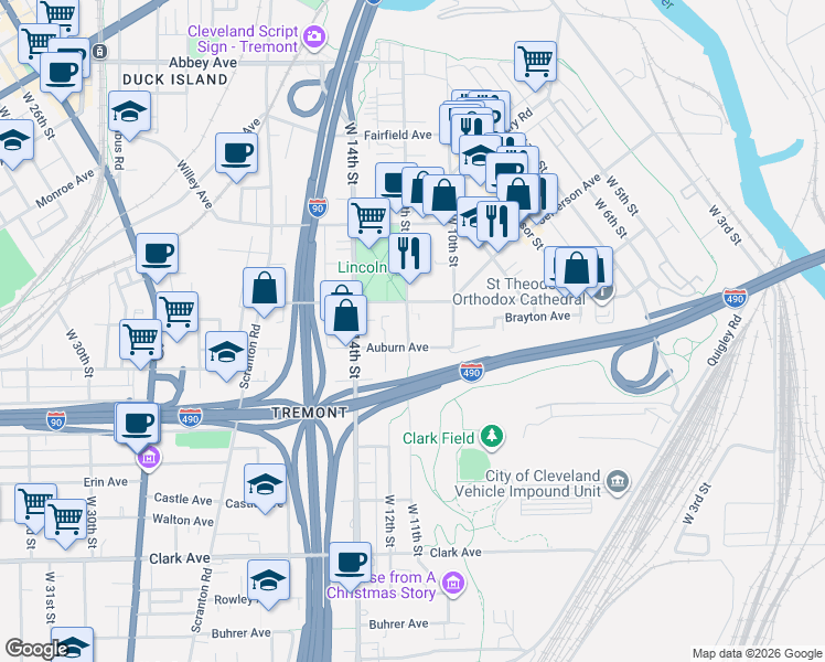 map of restaurants, bars, coffee shops, grocery stores, and more near 2607 West 11th Street in Cleveland