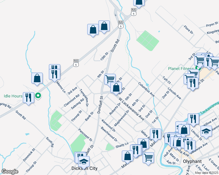 map of restaurants, bars, coffee shops, grocery stores, and more near 103 7th St in Blakely