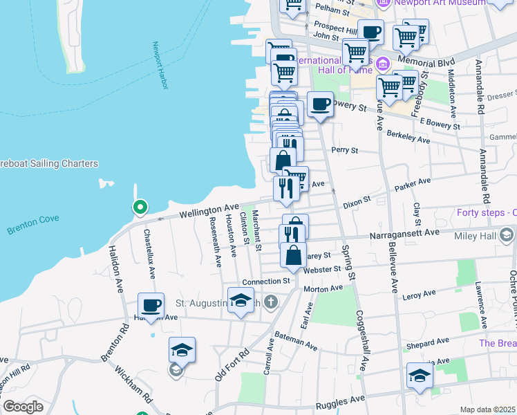 map of restaurants, bars, coffee shops, grocery stores, and more near 1 Marchant Street in Newport