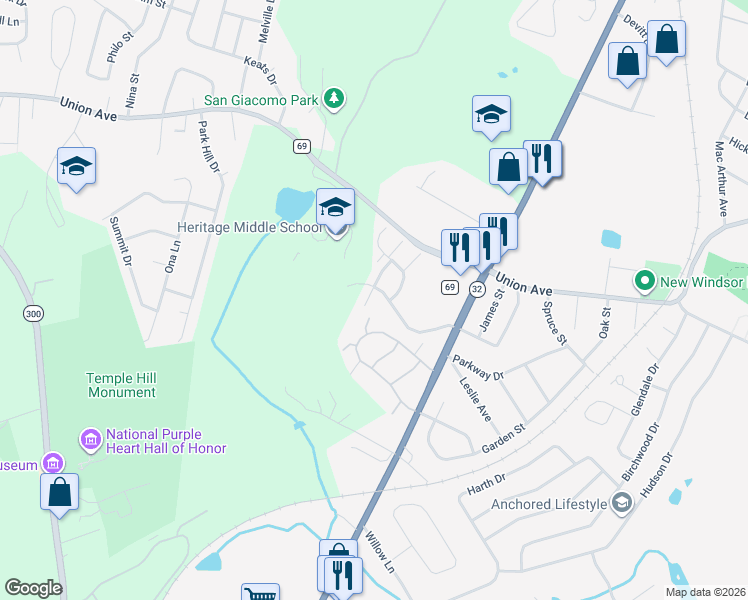 map of restaurants, bars, coffee shops, grocery stores, and more near 5005 John Hancock Court in New Windsor