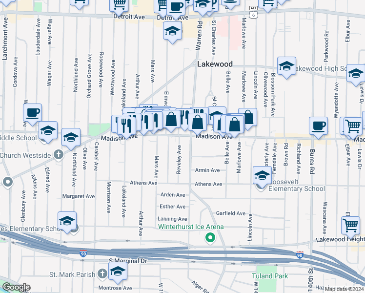 map of restaurants, bars, coffee shops, grocery stores, and more near 2021 Reveley Avenue in Lakewood