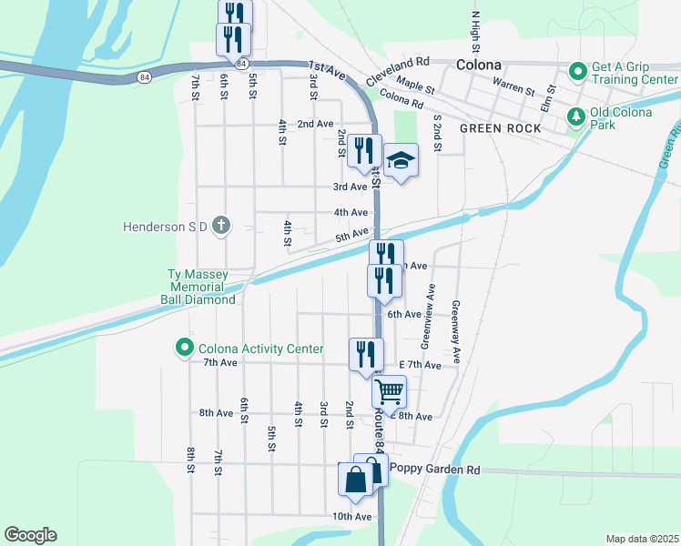 map of restaurants, bars, coffee shops, grocery stores, and more near 501 2nd Street in Colona