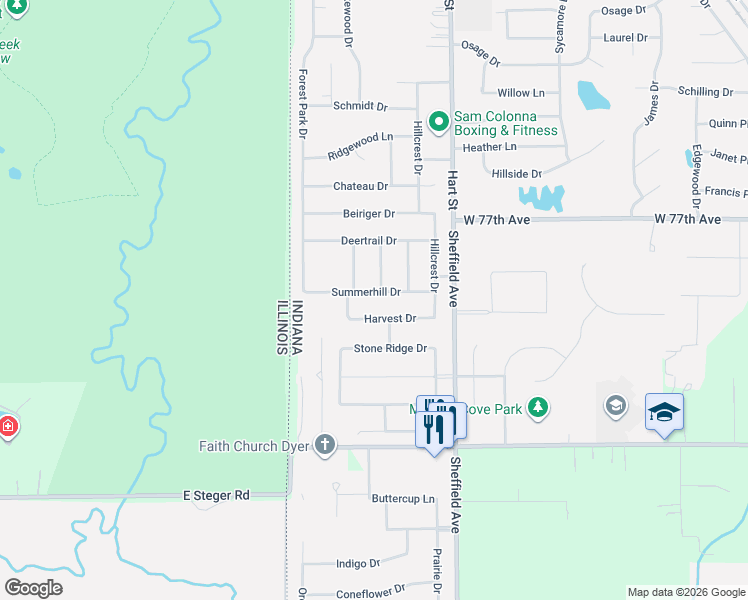 map of restaurants, bars, coffee shops, grocery stores, and more near 156 Summerhill Drive in Dyer