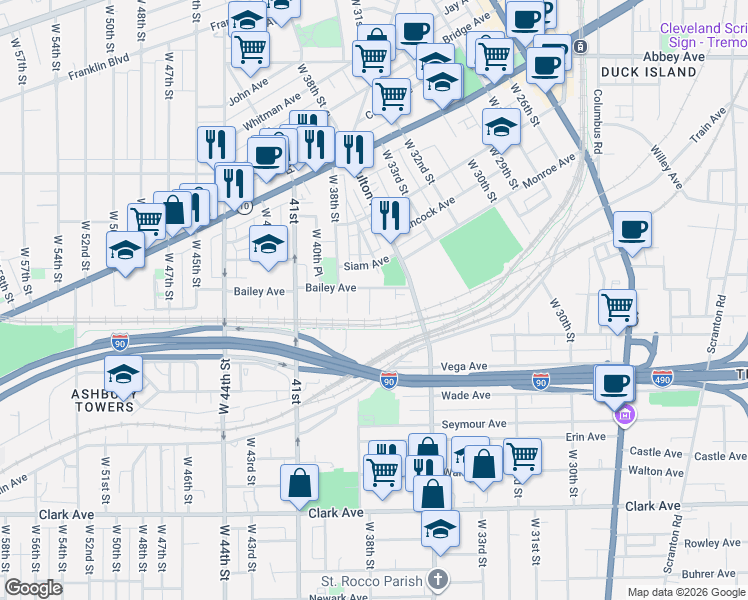 map of restaurants, bars, coffee shops, grocery stores, and more near 3883 West 36th Street in Cleveland