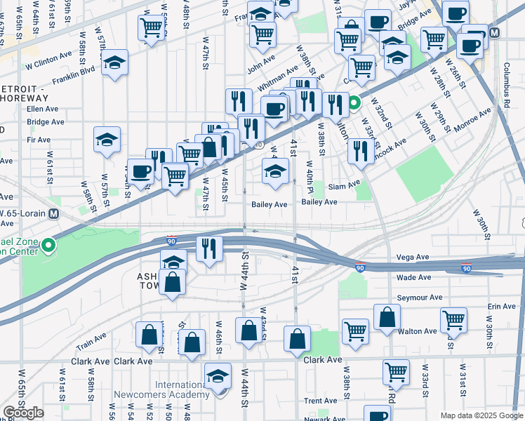 map of restaurants, bars, coffee shops, grocery stores, and more near 4209 Bailey Avenue in Cleveland