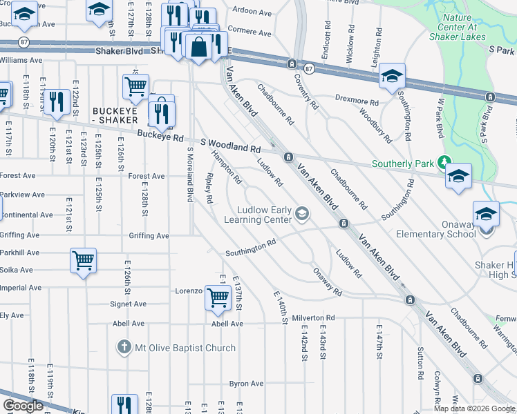 map of restaurants, bars, coffee shops, grocery stores, and more near 3037 Albion Road in Cleveland