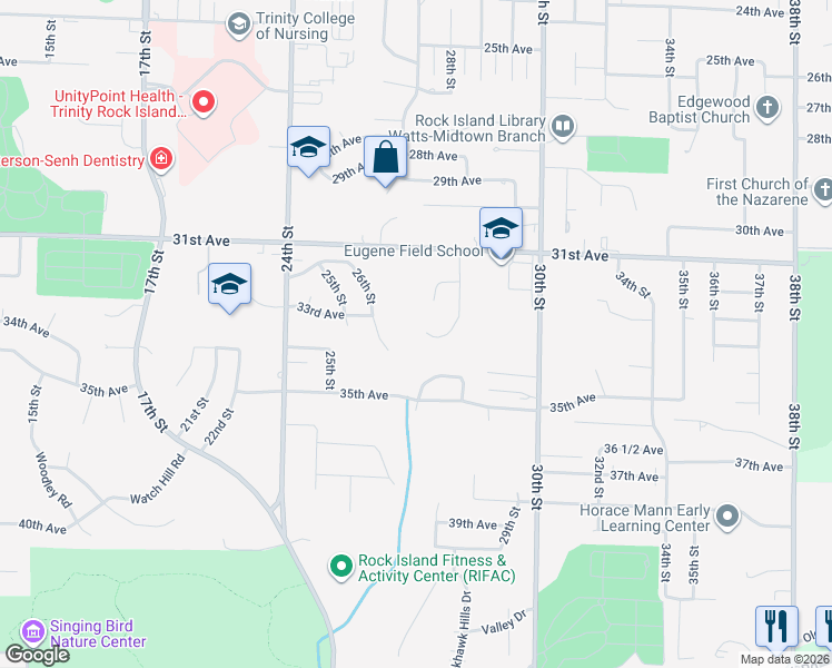 map of restaurants, bars, coffee shops, grocery stores, and more near 3355 28th Street Court in Rock Island