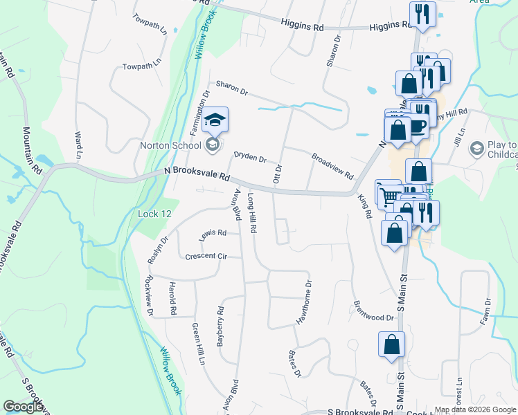 map of restaurants, bars, coffee shops, grocery stores, and more near 33 Hilltop Road in Cheshire
