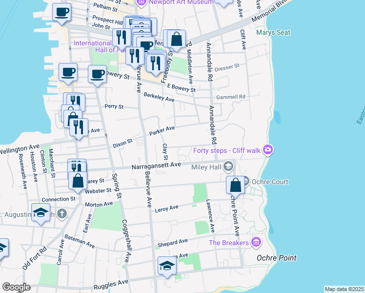 map of restaurants, bars, coffee shops, grocery stores, and more near Ward Avenue in Newport