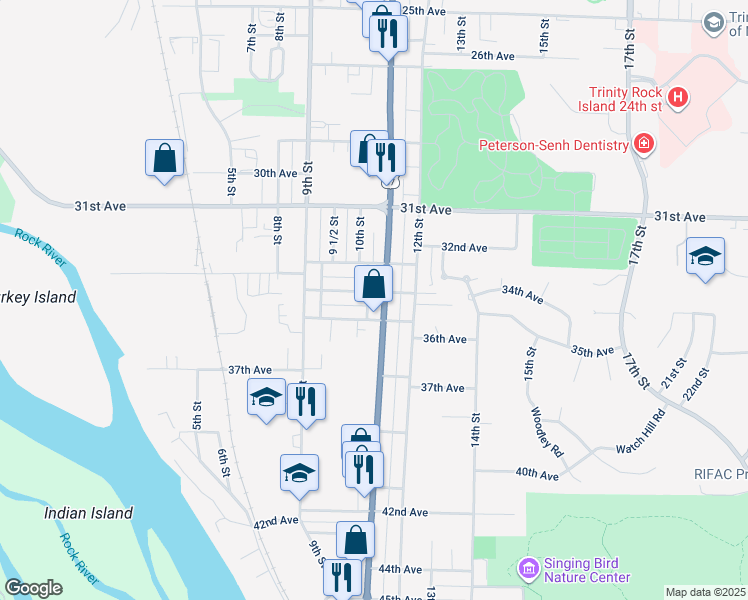 map of restaurants, bars, coffee shops, grocery stores, and more near 3408 11th Street in Rock Island
