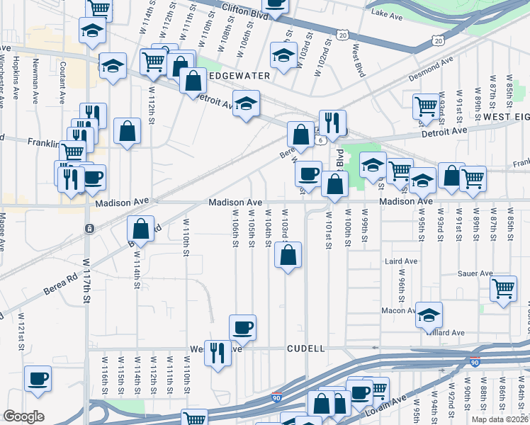 map of restaurants, bars, coffee shops, grocery stores, and more near 2017 West 104th Street in Cleveland
