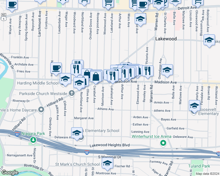 map of restaurants, bars, coffee shops, grocery stores, and more near 2018 Lakeland Avenue in Lakewood