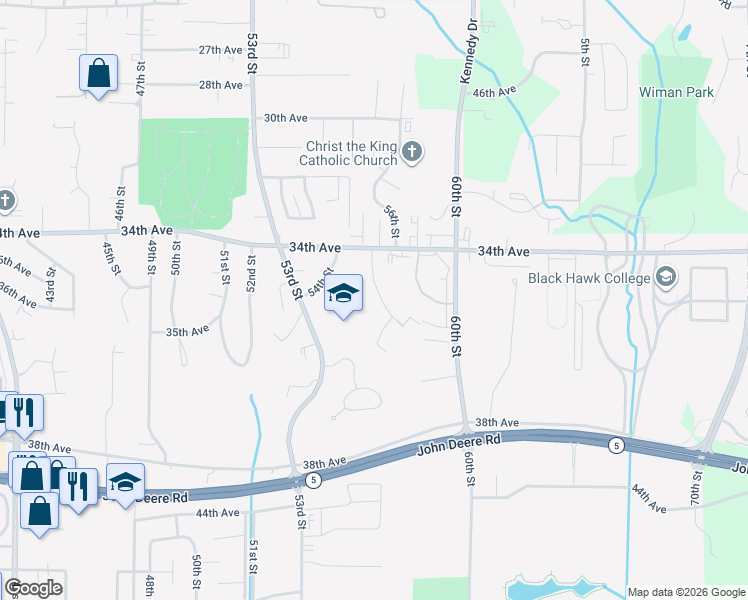 map of restaurants, bars, coffee shops, grocery stores, and more near 3513 56th Street Place in Moline