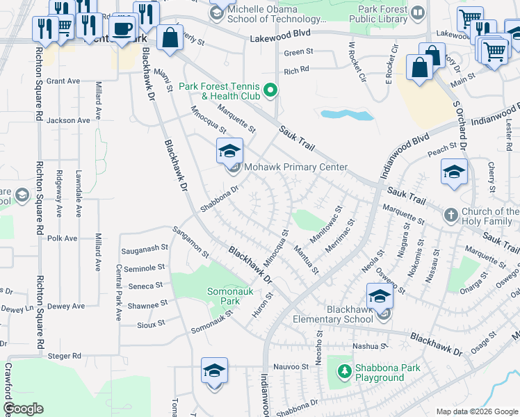 map of restaurants, bars, coffee shops, grocery stores, and more near 5 Mantua Court in Park Forest