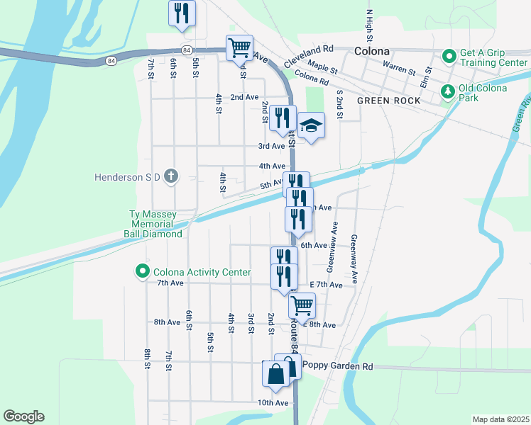 map of restaurants, bars, coffee shops, grocery stores, and more near 501 2nd Street in Colona